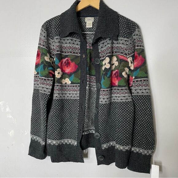 Vintage LL Bean grey pink 100% lambswool floral button up cardigan women’s large - Picture 2 of 7